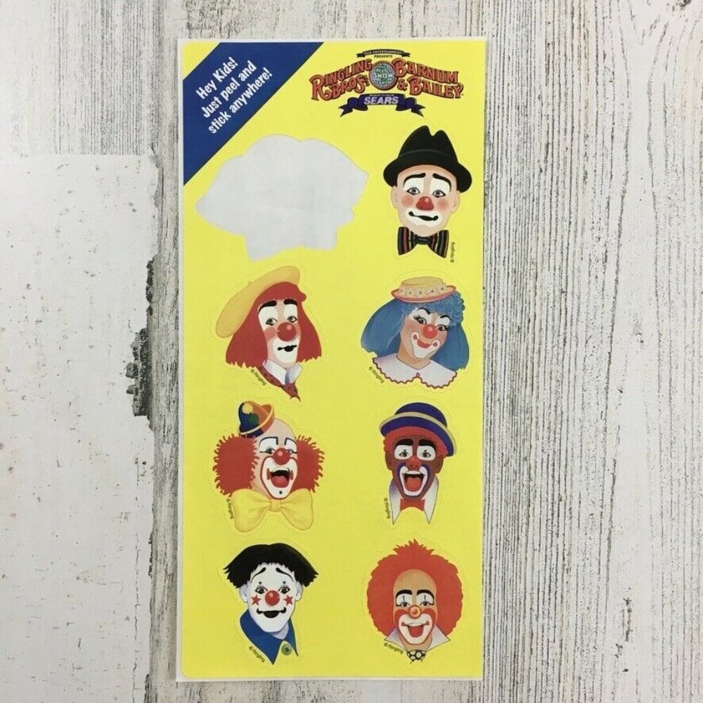 Vtg Ringling Brothers Barnum Bailey Sears Clown Faces Sticker Sheet Incomplete